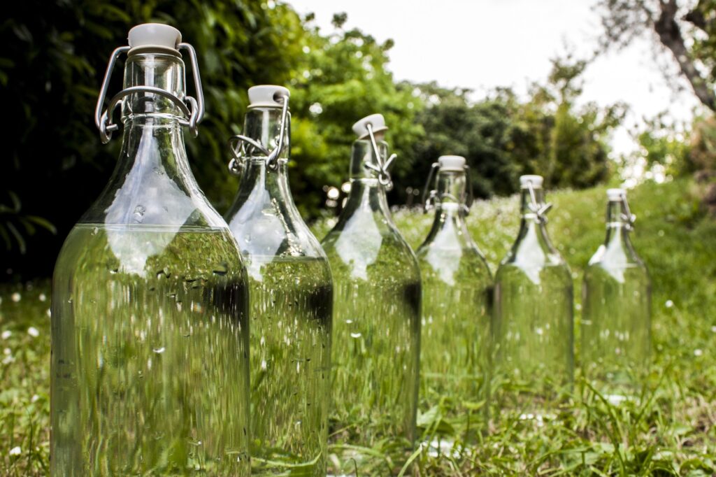Row of glass bottles filled with water on green grass, save the planet
