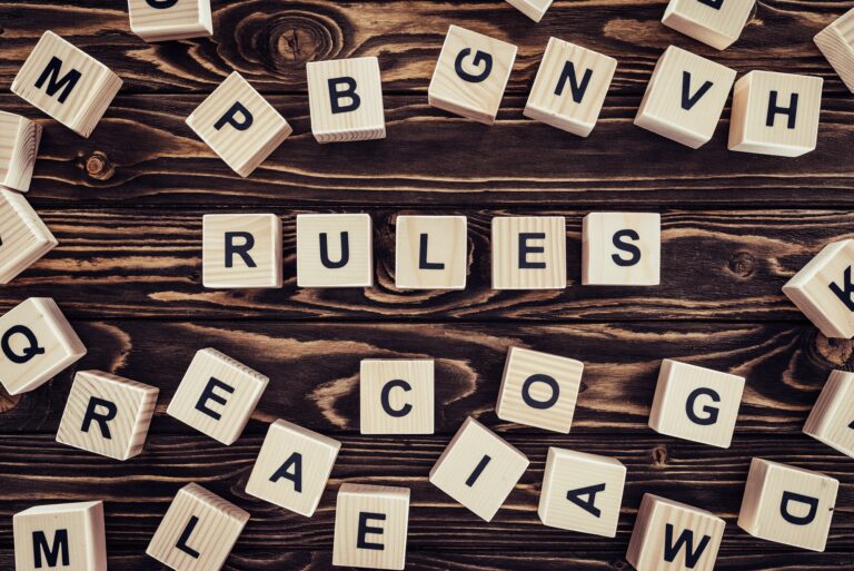 WordXPression Hosting 6 top view of rules word made of wooden blocks on brown surface