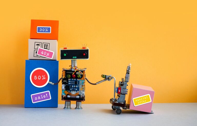 Special offer big sales discount promotion poster. Funny robot with shopping cart and boxes