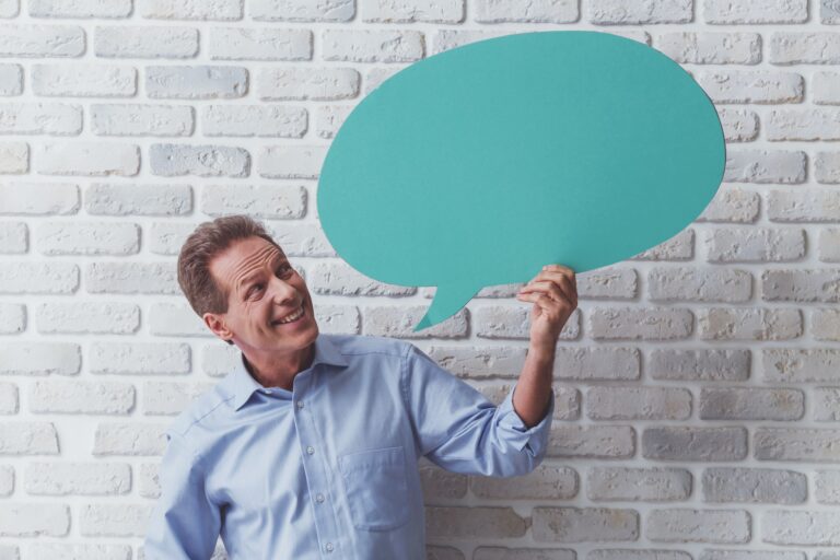 Man with speech bubbles