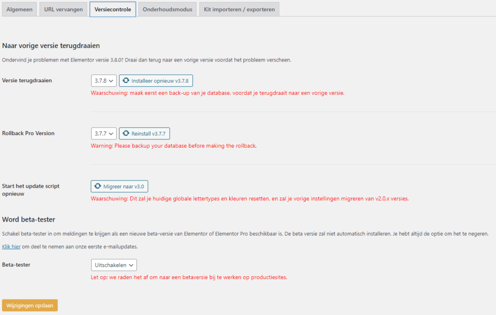 Elementor update niet goed