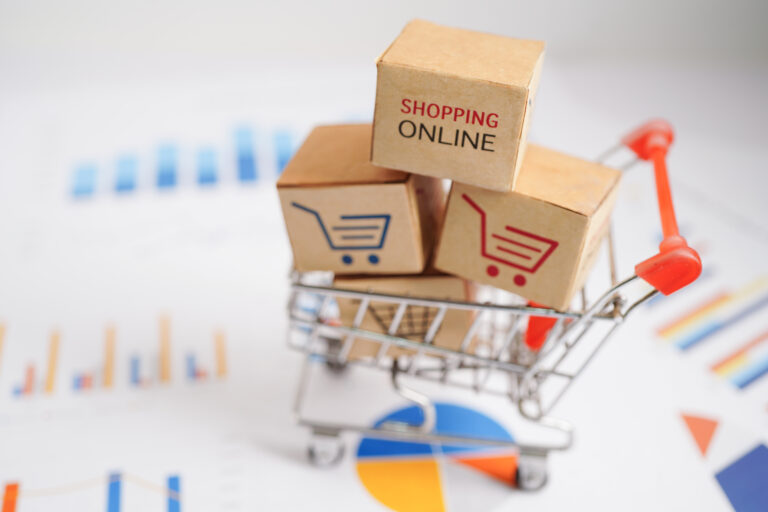 WooCommerce Succes Shop 1 Online shopping, Shopping cart box on business graph, import export, finance commerce.
