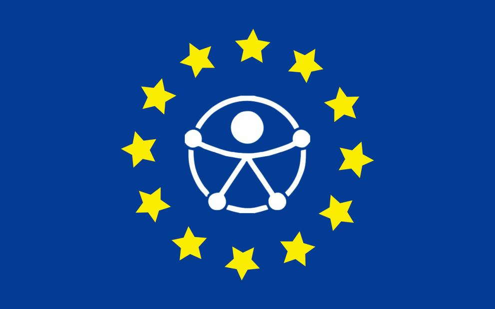 De vlag van de Europese Unie, met het universele toegankelijkheidsicoon in het midden. Het symbool van de European Accessibility Act (EAA)
