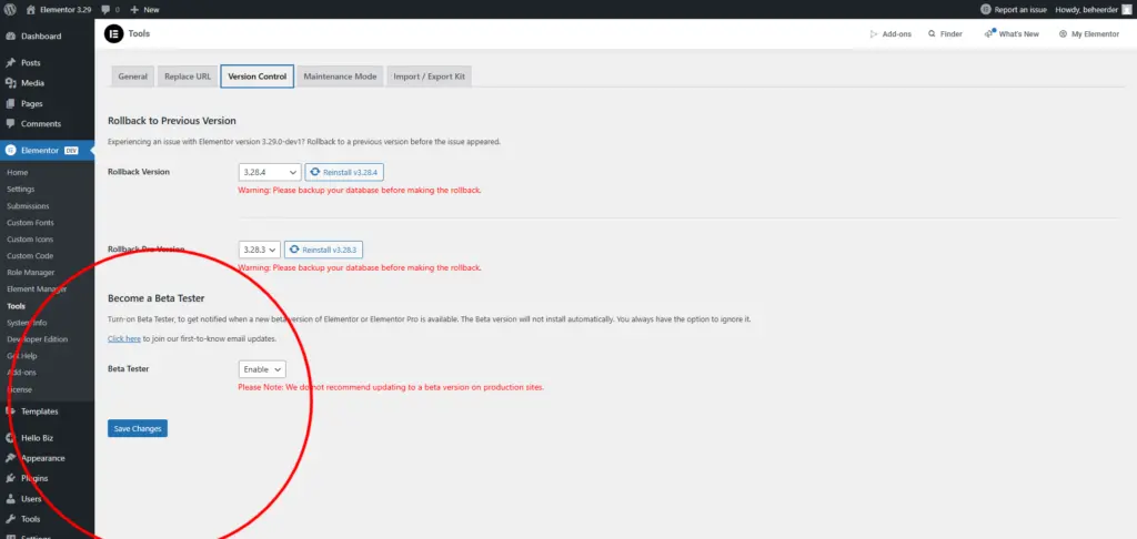 Elementor 3.29 - Beta testing activeren