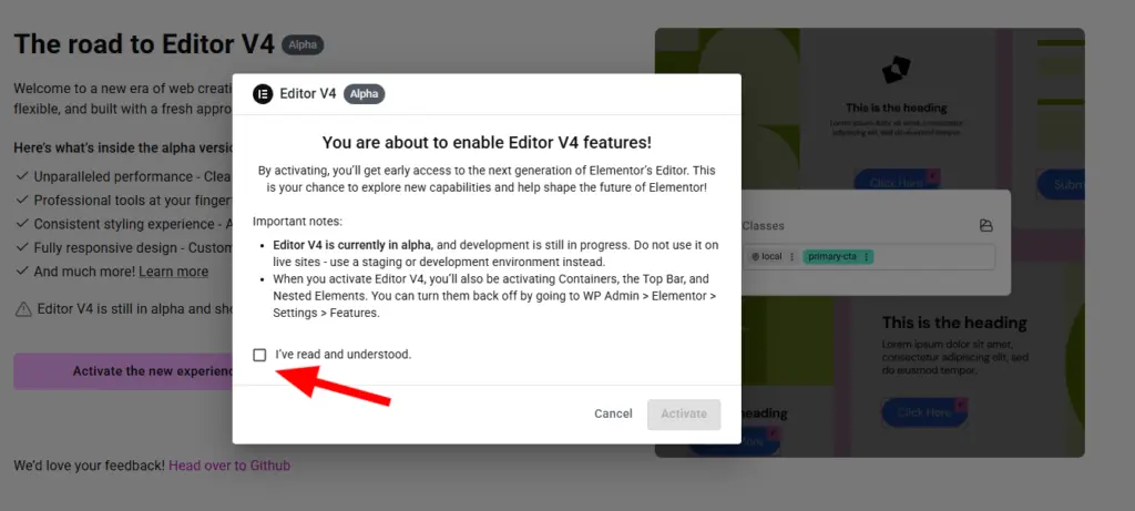 Dialoog voor bevestiging activatie Editor V4 in Elementor 3.29