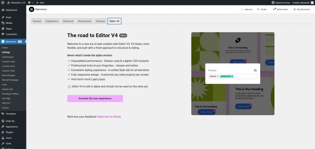 Screenshot voor het activeren van V4 editor in Elementor 3.29