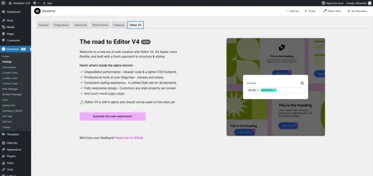 Screenshot voor het activeren van V4 editor in Elementor 3.29