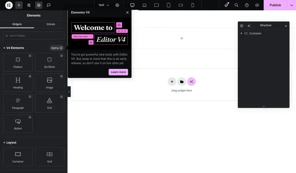 Preview van Elementor 4 - Overview nieuwe editor