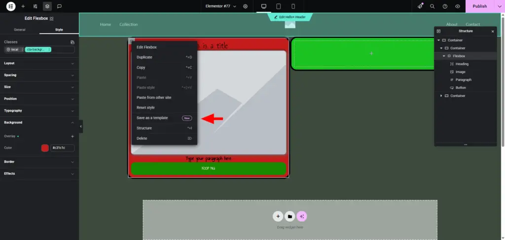 De Save as Template option in de Elementor V4 editor