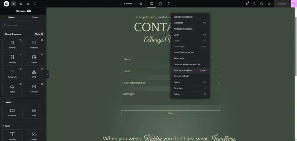 Elementor Cloud Templates: Het exporteren van een container richting cloud.