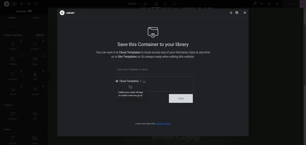 Elementor Cloud Templates : Opslaan als cloud template