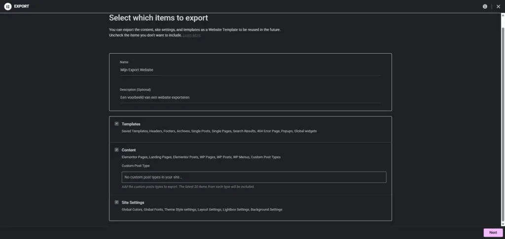 Welke onderdelen te exporteren?