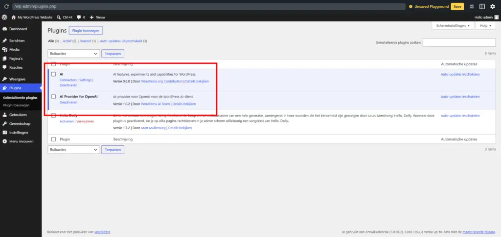 Geïnstalleerde AI plugins - WordPress 7 en AI