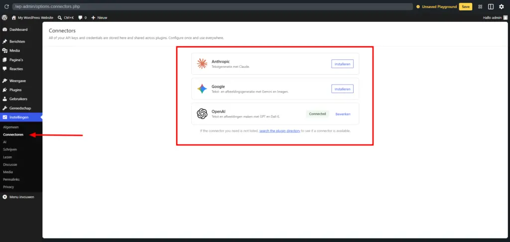 Wordpress 7 en AI - Connectoren vinden en activeren