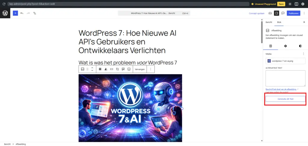 WordPress 7 en AI : Generate Alt-text knop