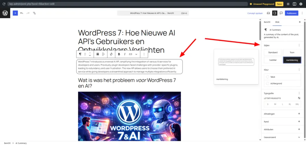 Voorbeeld van een samenvatting voor WordPress 7 AI