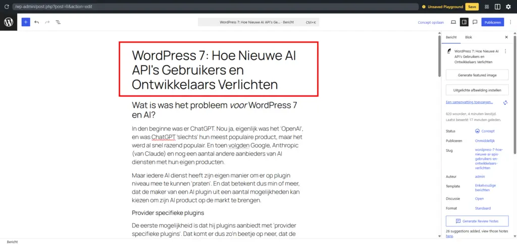 WordPress 7 en AI : Een AI gegenereerde titel