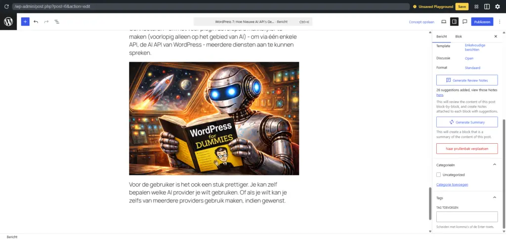 WordPress for Dummies - AI gegenereerde afbeelding van een robot, die een boek over WordPress leest. 