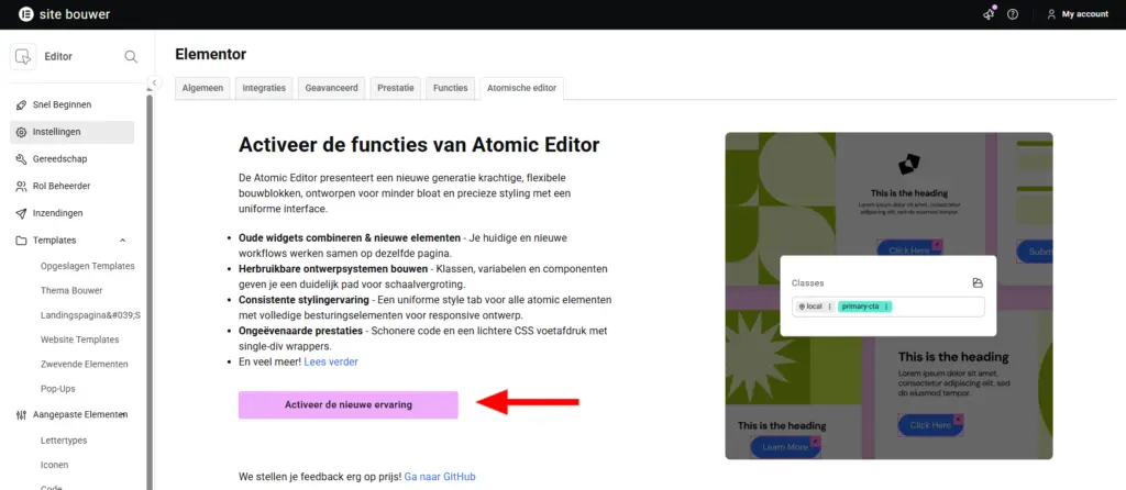 Elementor 4.0 editor, ook wel de Atomic Editor genoemd. 
