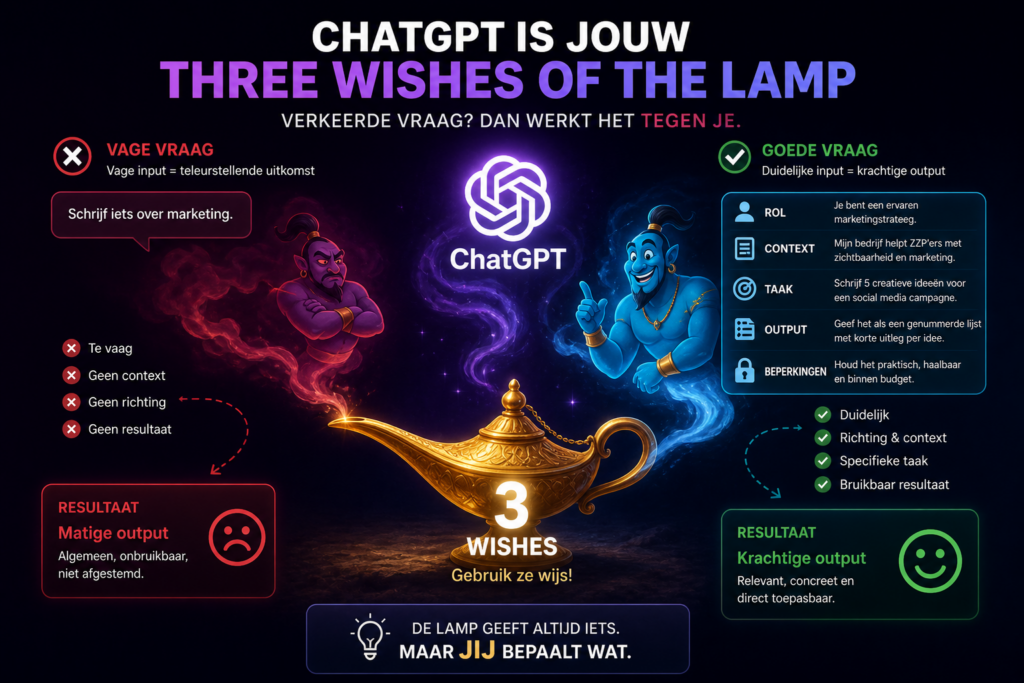 AI Prompting: AI is als de 'geest uit de lamp'. Je krijgt wat je vraagt, niet wat je wenst.