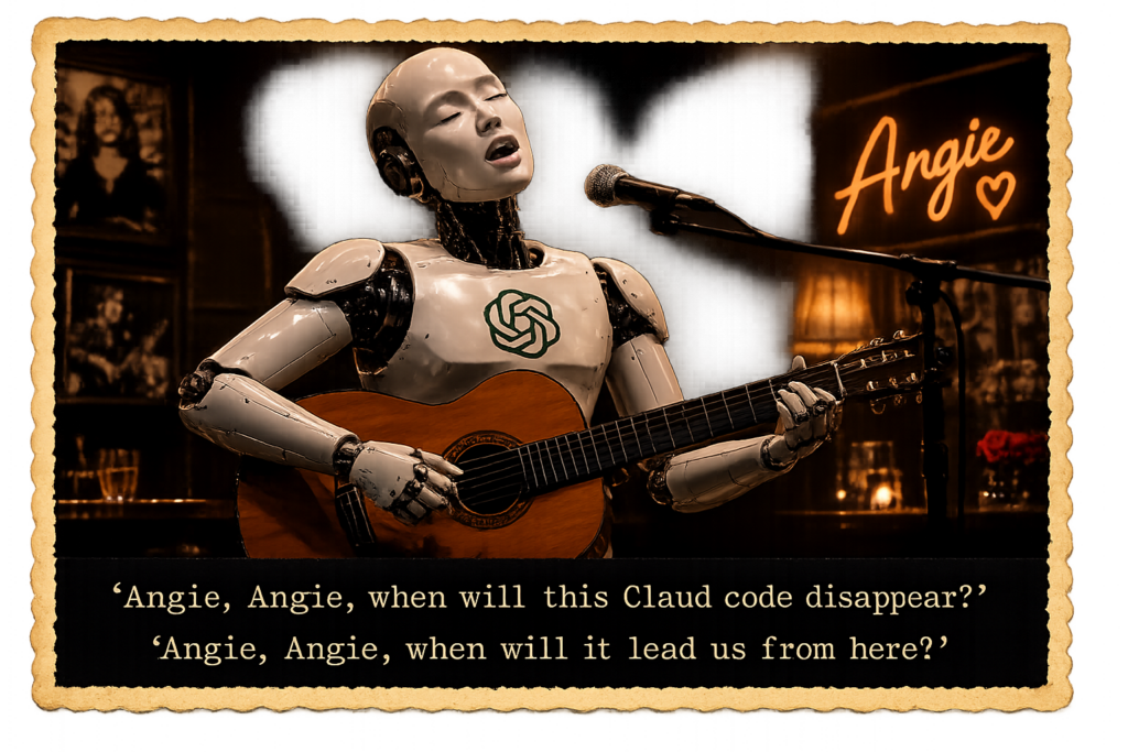 Uitgelichte afbeelding voor een artikel over 'Angie AI' van Elementor. Een robot zingt het lied 'Angie' van de Rolling stones, maar de tekst is net iets anders...