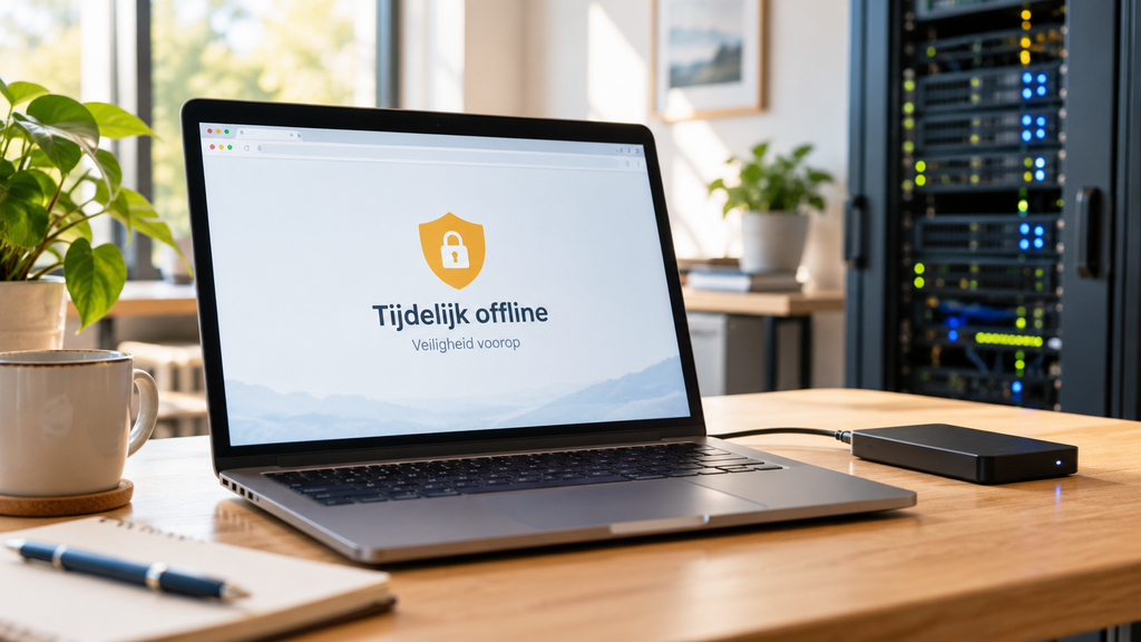 PHP2Shell : De PHP Cyber attack 1 De PHP2Shell PHP Cyber attack - Laptop met de tekst 'tijdelijk offline'.