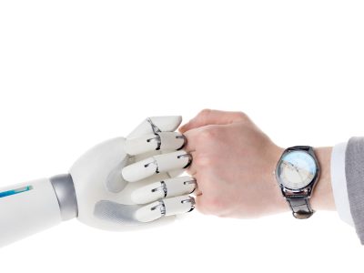 cropped shot of robot and businessman doing bro fist gesture isolated on white