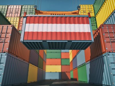 Container Terminal - Shipping Container with Austria flag.