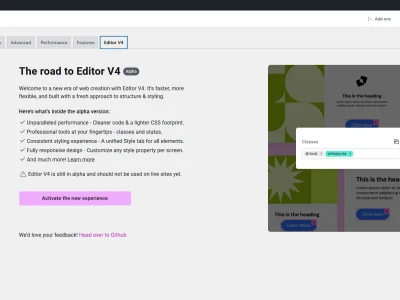 Screenshot voor het activeren van V4 editor in Elementor 3.29