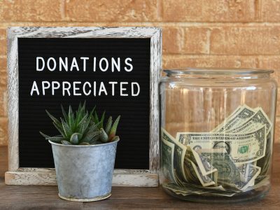 Jar of money cash Donations Appreciated sign message board, contributions, tips, collection
