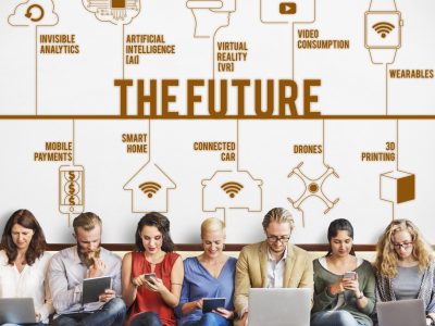 people sit with devices and future