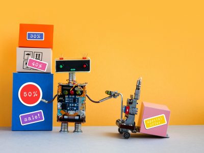 Special offer big sales discount promotion poster. Funny robot with shopping cart and boxes