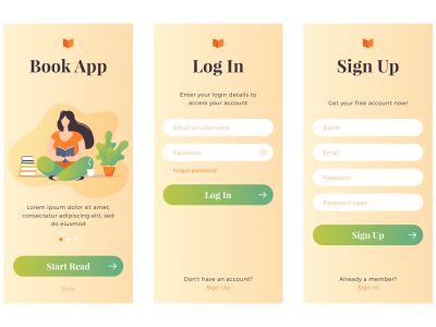 Log in, sign up web forms with the detailed description. Vector design. Pop up with buttons and inputs. Books application with the girl made in modern flat style.