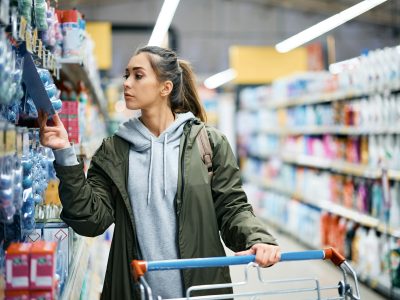 Young woman looking at price tag of hygiene products in supermarket.